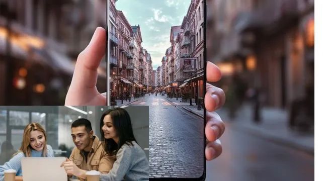 Hand with a mobile phone with a city street background and group of happy people